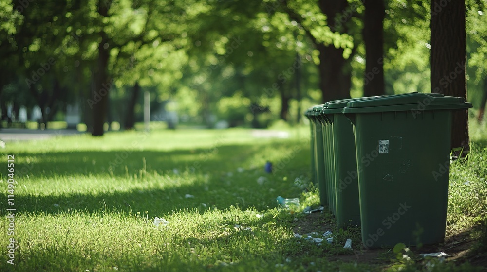 Green garbage bins in a sunlit park with litter scattered on grass highlighting ecology and environmental pollution Green garbage bins in a sunlit park with litter scattered on grass highlighting ecology and environmental pollution