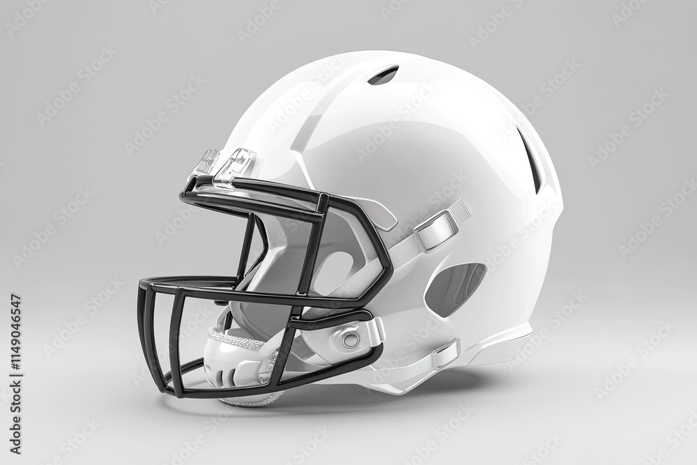 Fototapeta premium White American football helmet with black facemask, isolated on light gray background.