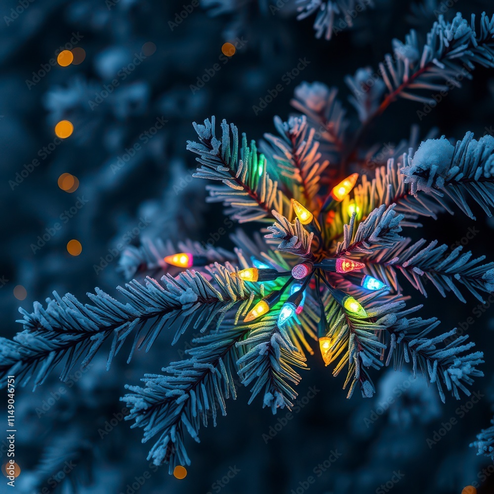 Naklejka premium A bundle of colorful Christmas lights tangled among branches of a frosty pine tree, evergreen trees, natural setting, twinkle lights