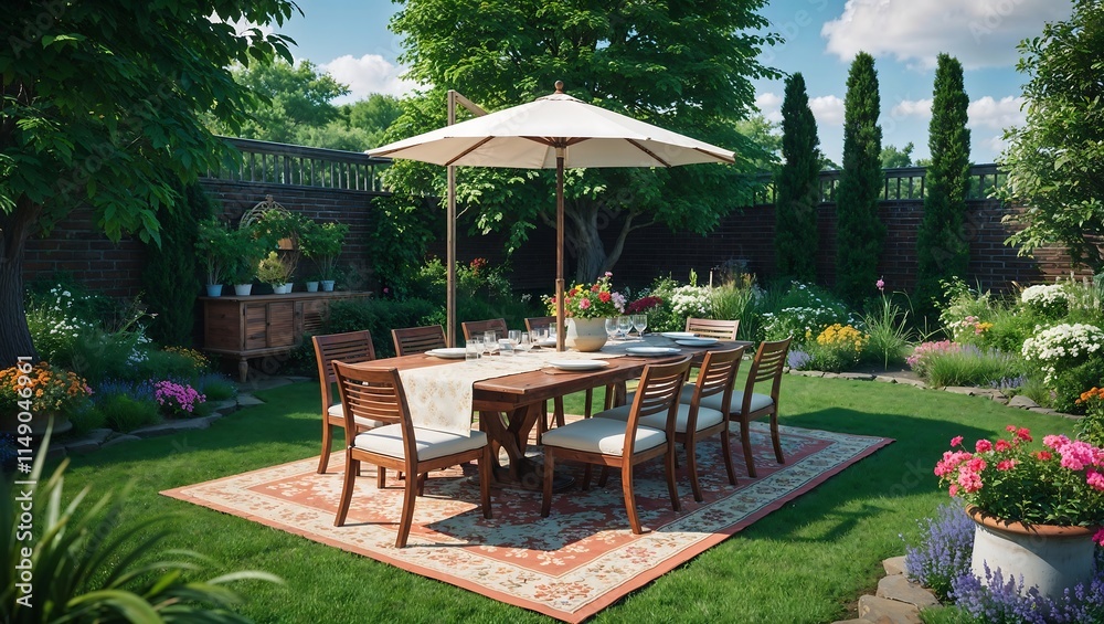 A stunning garden with a beautifully arranged dining table, surrounded by greenery, perfect for outdoor dining. A stunning garden with a beautifully arranged dining table, surrounded by greenery, perfect for outdoor dining.