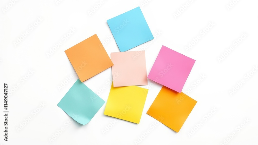 A set of five sticker notes in various colors arranged in a random pattern on a white background, sticker note, , creative composition, organized chaos A set of five sticker notes in various colors arranged in a random pattern on a white background, sticker note, , creative composition, organized chaos