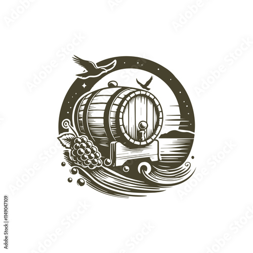 wine wooden barrel with grapes in vector logo drawing
