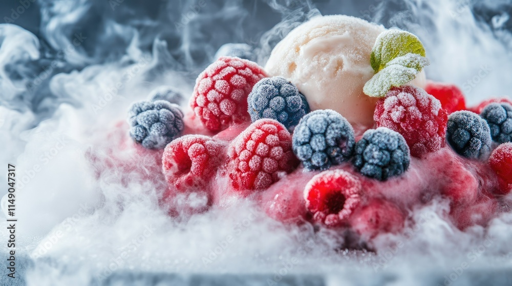 Frosty Berries with Ice Cream Surrounded by Mystical Smoke Frosty Berries with Ice Cream Surrounded by Mystical Smoke