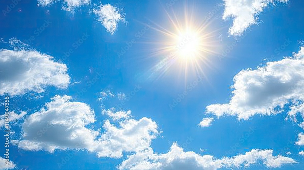 Bright Sun Overclear Blue Sky with Fluffy White Clouds Bright Sun Overclear Blue Sky with Fluffy White Clouds