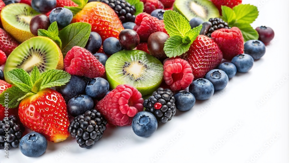 Obraz premium Fresh Berries & Kiwifruit: Vibrant Summer Fruit Still Life on White