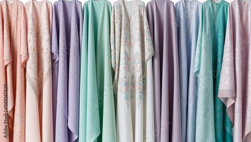 A collection of abayas in soft pastel hues with delicate embroidery, radiating elegance and timeless charm. photo