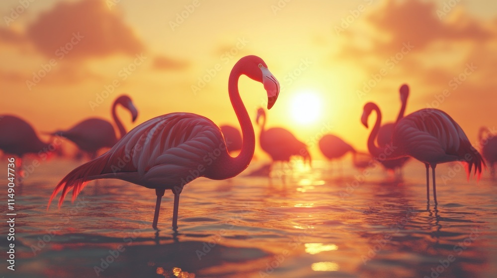 Fototapeta premium Flamingos at sunset in shallow water.