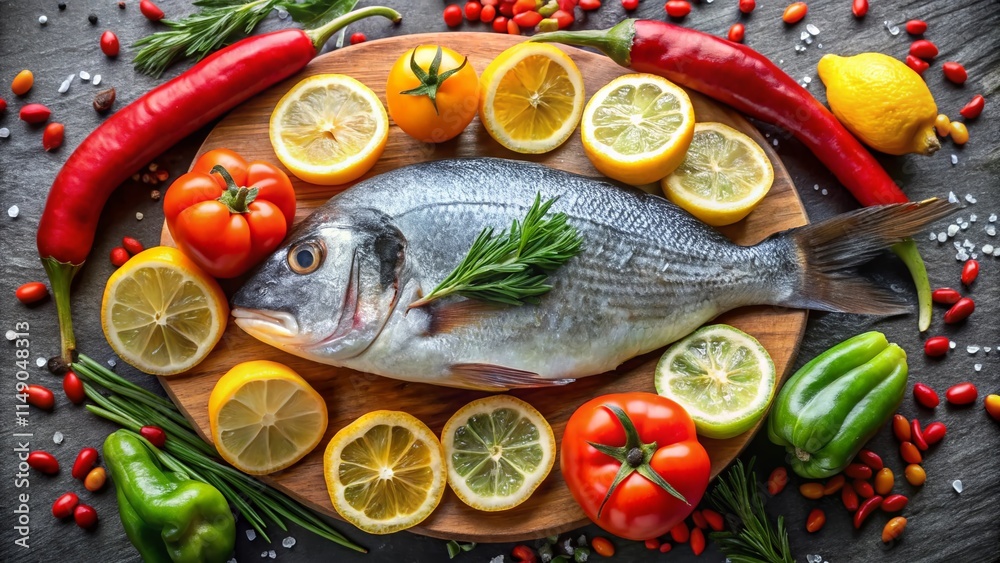 Fresh Dorado Fish with Spices & Vegetables on Slate Plate - Gourmet Seafood Dish Fresh Dorado Fish with Spices & Vegetables on Slate Plate - Gourmet Seafood Dish