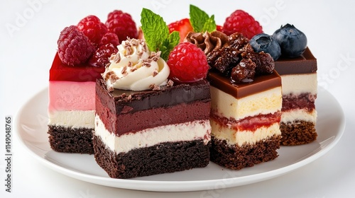 Delicious Assorted Cake Slices with Fresh Berries and Cream Topping