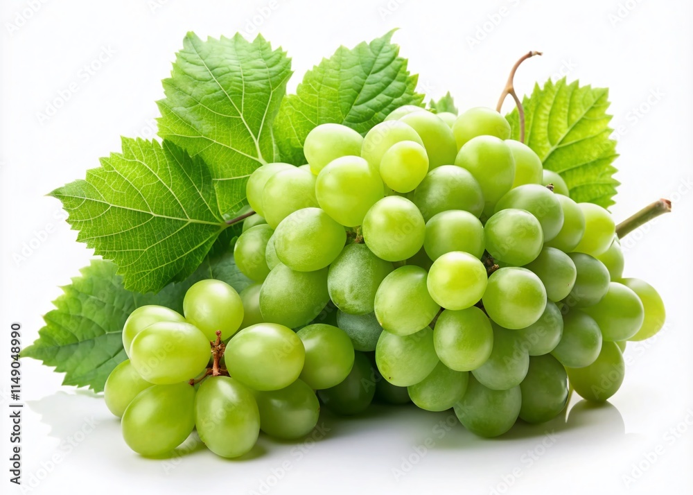 Fresh Green Grapes with Leaves Isolated on White Background - High-Resolution Stock Photo Fresh Green Grapes with Leaves Isolated on White Background - High-Resolution Stock Photo