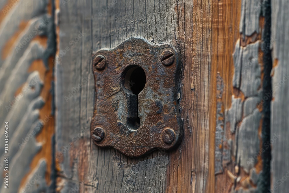 A close-up of a rusty keyhole on a weathered wooden door, highlighting texture and age. A close-up of a rusty keyhole on a weathered wooden door, highlighting texture and age.