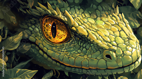 Close up of a fictional mythical slimey basilisk. Basilisk. Illustration