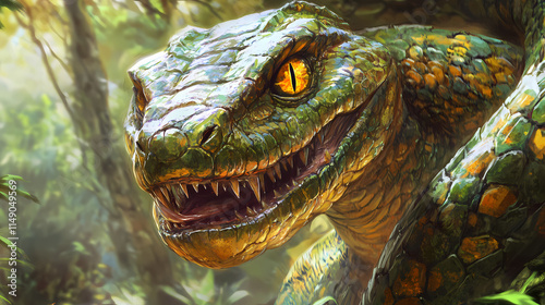 Close up of a fictional mythical slimey basilisk. Basilisk. Illustration