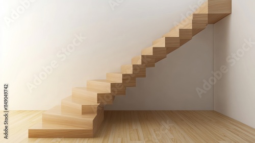 Modern minimalist wooden staircase in a bright room.