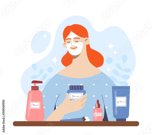 Vector illustration of a smiling woman with a face mask holding a skincare product. Surrounded by creams, bottles, and a soothing blue background, highlighting a self-care and beauty concept