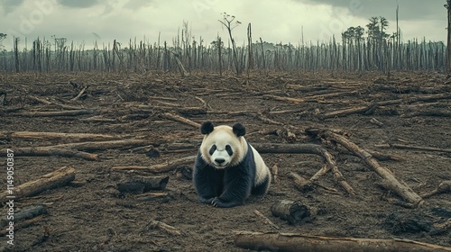 Panda in a deforested landscape under gray skies, highlighting the impact of habitat loss and environmental pollution