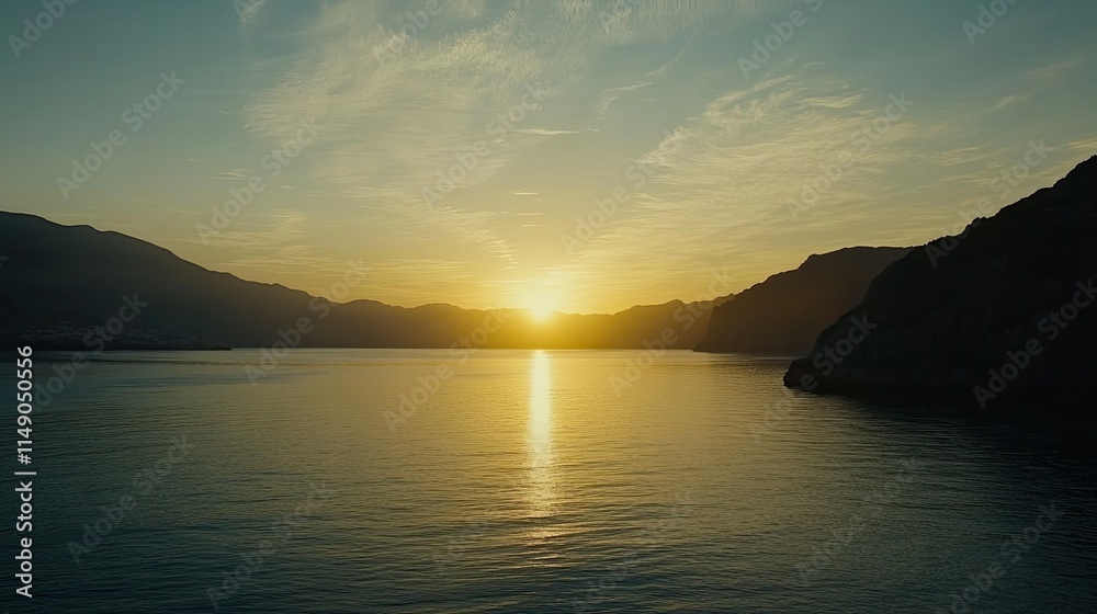 Serene Sunset Over Calm Waters and Silhouette Mountains View Serene Sunset Over Calm Waters and Silhouette Mountains View