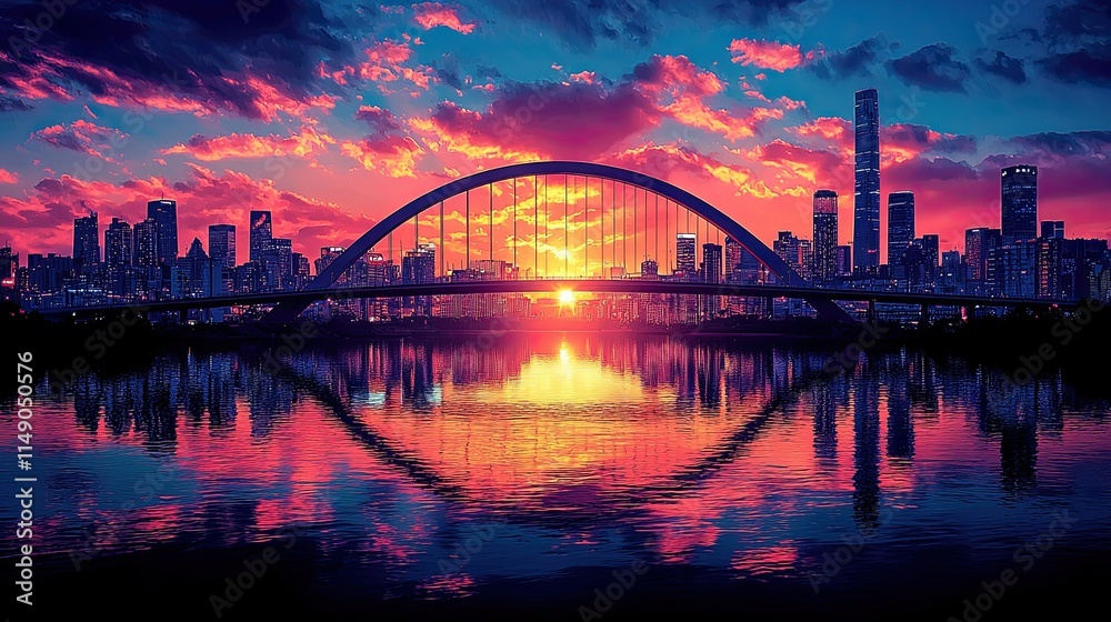 Obraz premium Vibrant sunset over a city skyline with a bridge reflected in the water.