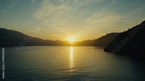Serene Sunset Over Calm Waters and Silhouette Mountains View