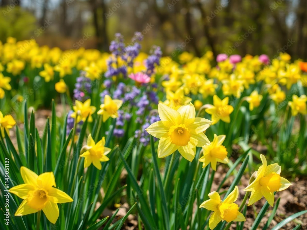 Beautiful yellow daffodil flowers blooming in a vast field under the clear blue sky, symbolizing the arrival of spring, flora, landscape Beautiful yellow daffodil flowers blooming in a vast field under the clear blue sky, symbolizing the arrival of spring, flora, landscape