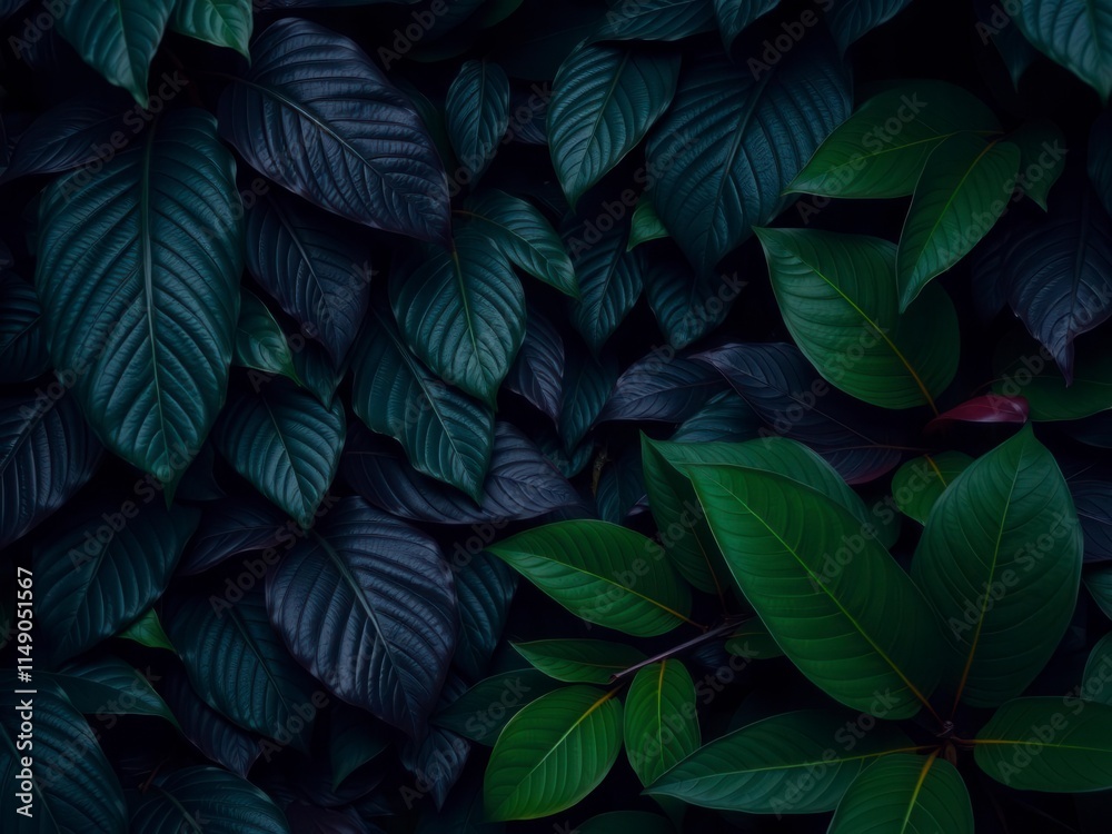 Fototapeta premium Dark pattern with exotic leaves in deep shades of green and purple, creating a mysterious and luxurious atmosphere, exotic, mysterious