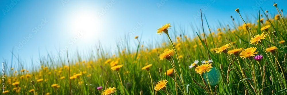 Field of vibrant yellow dandelions against a clear blue sky, vibrant, yellow Field of vibrant yellow dandelions against a clear blue sky, vibrant, yellow