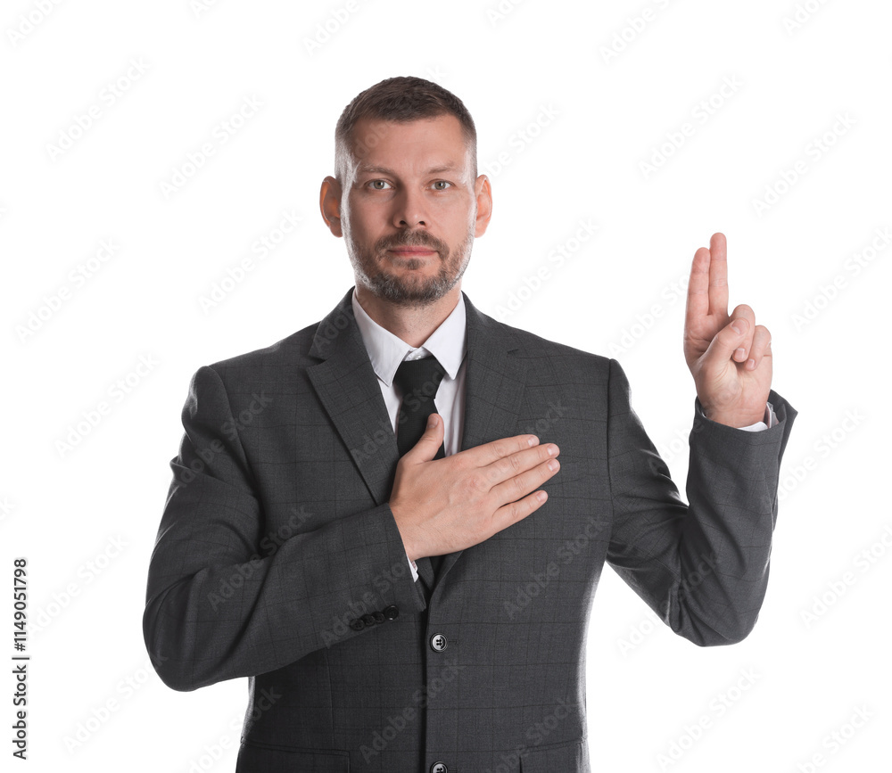 Man showing oath gesture on white background. Making promise Man showing oath gesture on white background. Making promise