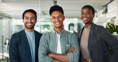 Employees, portrait and arms crossed for mission in office, teamwork and manager for support. Business people, cooperation and global news agency for press media, journalism diversity and confidence photo