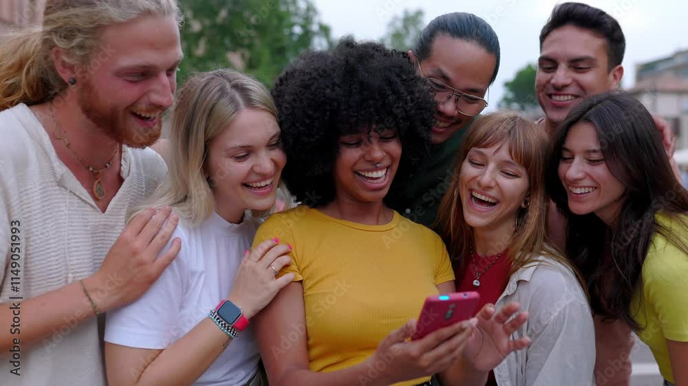 Young group of diverse people laughing using mobile phone at city street. Millennial generation friends having fun watching content in social media app outdoor. Youth and technology lifestyle concept Young group of diverse people laughing using mobile phone at city street. Millennial generation friends having fun watching content in social media app outdoor. Youth and technology lifestyle concept