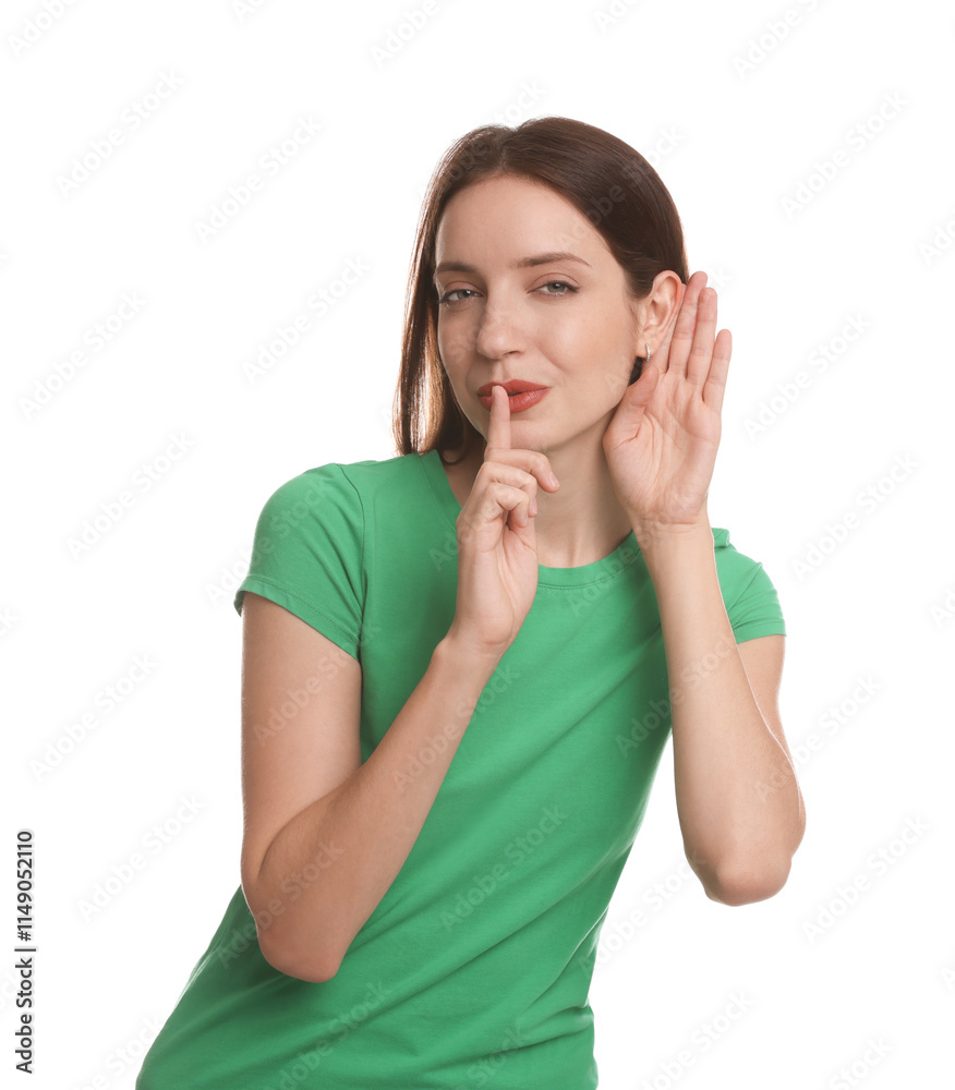Woman showing hand to ear gesture on white background Woman showing hand to ear gesture on white background