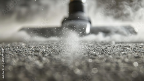 A close-up of a vacuum cleaner nozzle releasing dust particles on a surface.