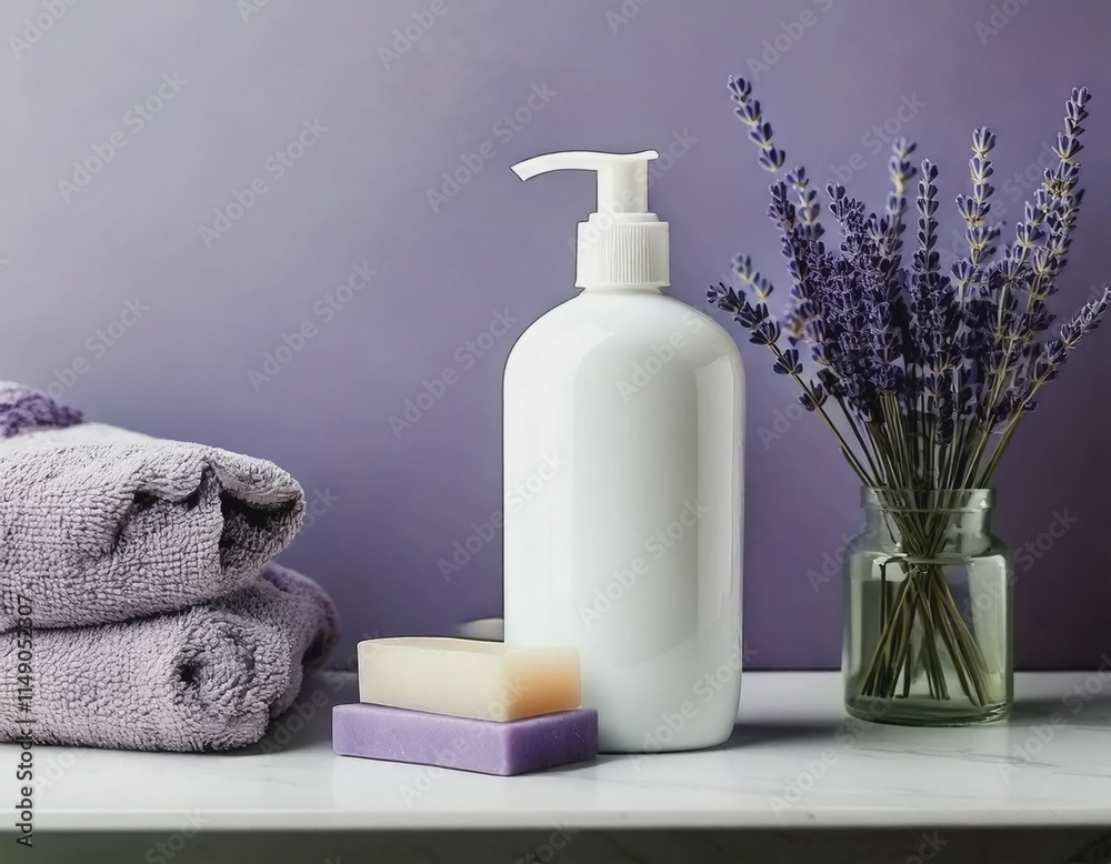 Lavender Body Lotion Pump, Towel, Soap in Spa Tradition AI