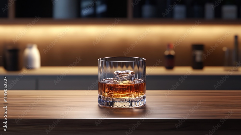 Whiskey glass with ice on bar counter.