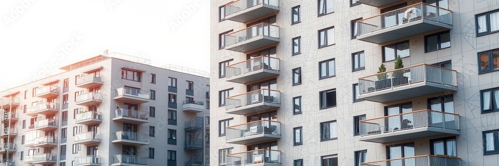 Modern apartment building with blueprint sketches, housing, building Modern apartment building with blueprint sketches, housing, building