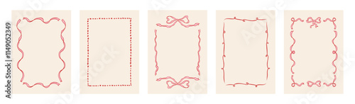 Doodle hand drawn frames with wavy lines, bows and ribbons. Coquette retro collection. Trendy vintage whimsical borders for wedding invitations, birthday card, prints. Vector modern illustration.