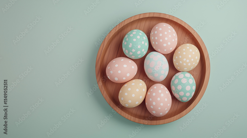 Polka dot pastel Easter eggs on wooden plate. Polka dot pastel Easter eggs on wooden plate.