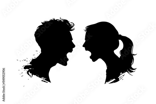 Silhouettes of a man and woman shouting, in a grunge style, on a white background, concept of conflict, divorce