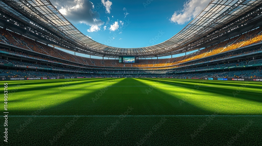 Empty modern stadium with vibrant green field, bright sunlight casting shadows. Empty modern stadium with vibrant green field, bright sunlight casting shadows.