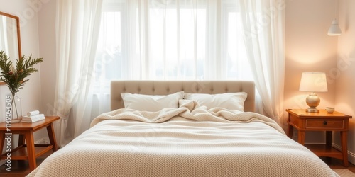 Cozy cream colored woolen blanket on king size bed in bright bedroom, relaxation, bedroom, home photo