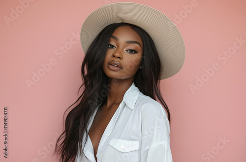 Fashion Portrait of stylish black woman in a Hat. Makeup - beige Lips. beautiful model African American girl posing in a white shirt and beige stylish 
 photo