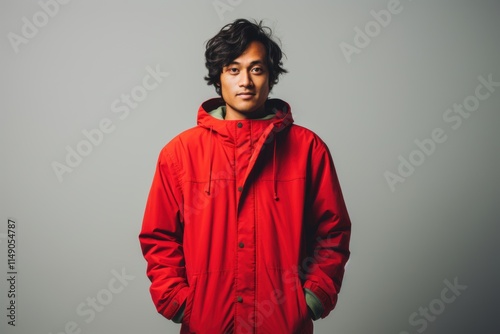 A man in a red jacket is standing in front of a white wall