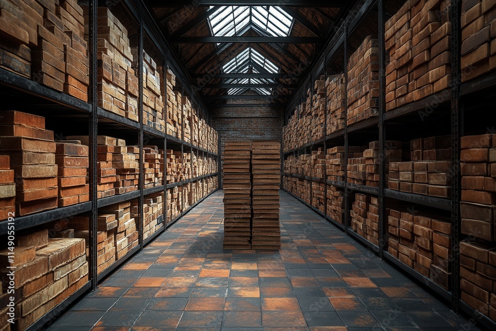 A warehouse filled with neatly stacked wooden blocks on shelves, showcasing organized storage.