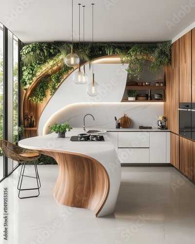 Levanto kitchen with smooth quartz surfaces and biophilic walls