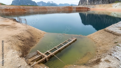 An abandoned open-pit mine filled with crystal clear water, showcasing nature's takeover of industrial grounds, embodying conflicting concepts.