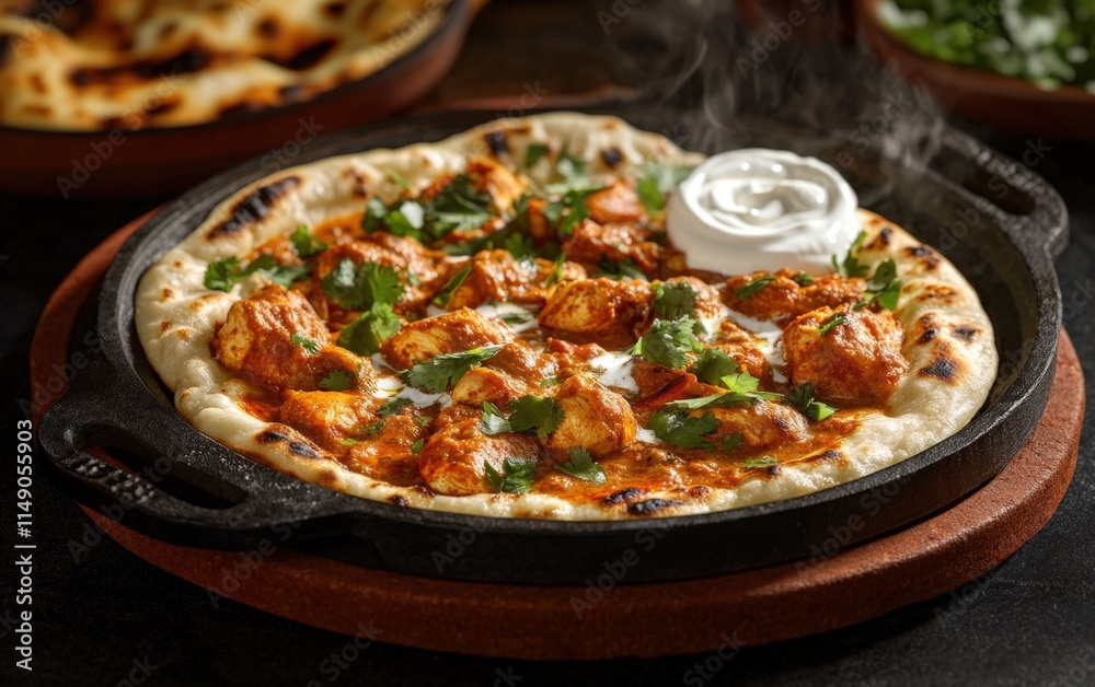 Butter chicken with naan bread in cast iron skillet. Butter chicken with naan bread in cast iron skillet.