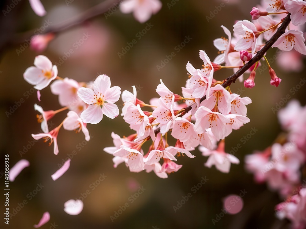 Pink sakura petals gently falling in the background, creating a soft and dreamy atmosphere, sakura, season, bloom Pink sakura petals gently falling in the background, creating a soft and dreamy atmosphere, sakura, season, bloom