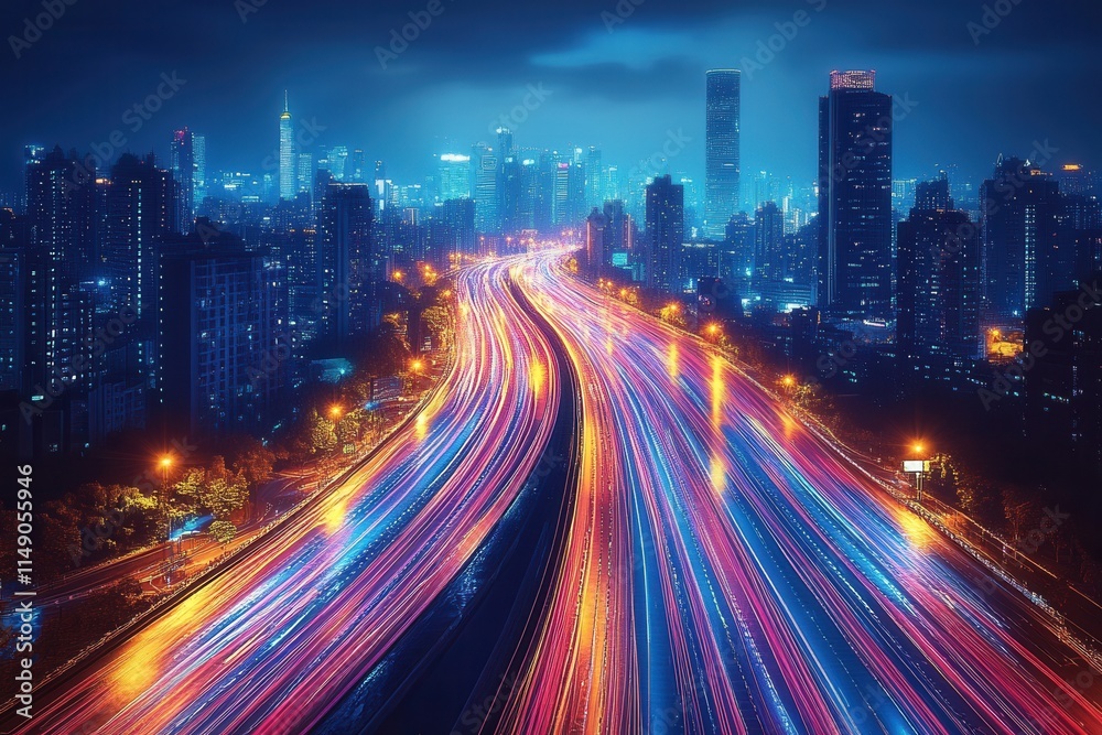 A vibrant cityscape at night with light trails from moving vehicles on a busy highway. A vibrant cityscape at night with light trails from moving vehicles on a busy highway.