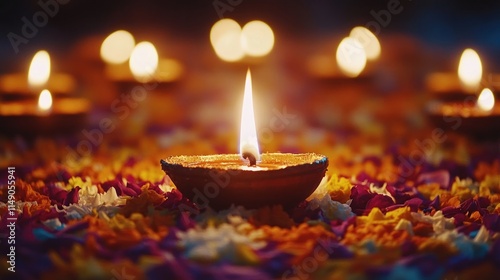 Single lit diya surrounded by other diyas and flower petals in dark. photo