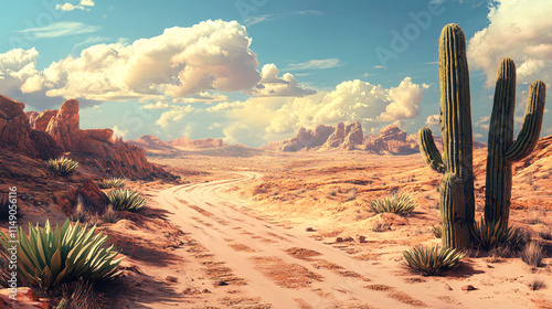 Desert pathway with cacti under a bright sky and clouds surrounded by rocky landscapes
 photo