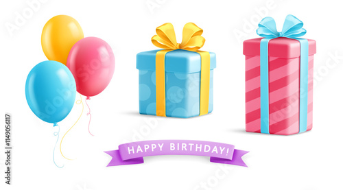 Set of Birthday gifts and colorful balloons for holiday. Packed presents in the boxes with bows ribbon. Isolated object cutout. Realistic 3d. Vector illustration.